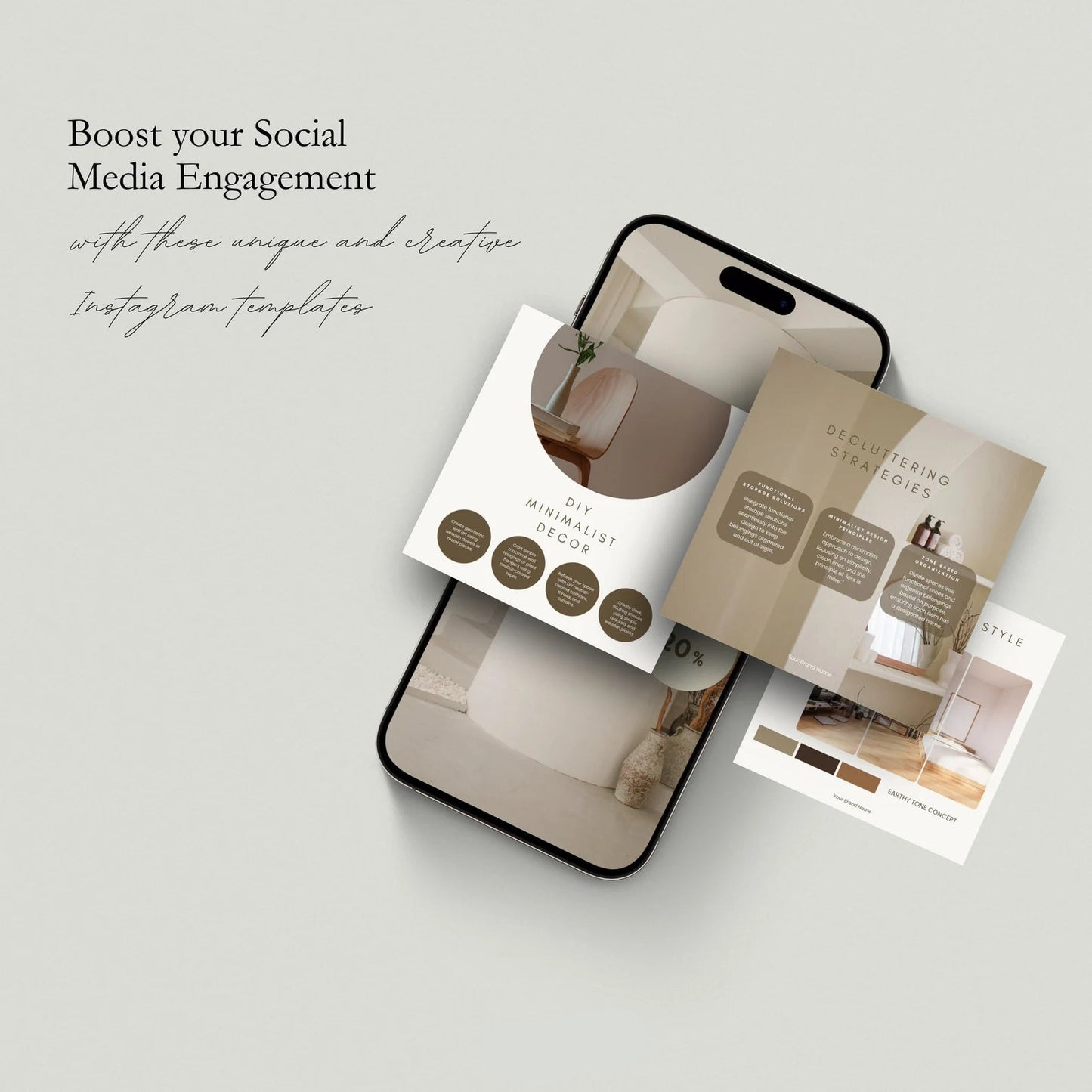 Smartphone displaying Instagram post templates with text overlay on a light gray background