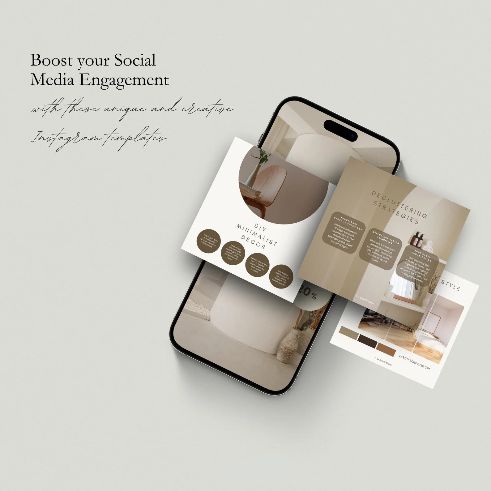 Smartphone displaying Instagram post templates with text overlay on a light gray background