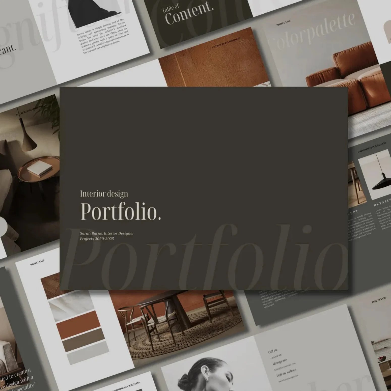 Collage of interior design portfolio pages with images and text.