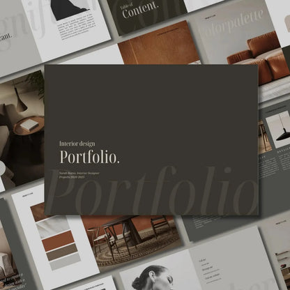 Collage of interior design portfolio pages with images and text.