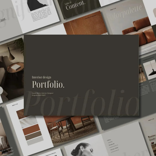 Collage of interior design portfolio pages with images and text.