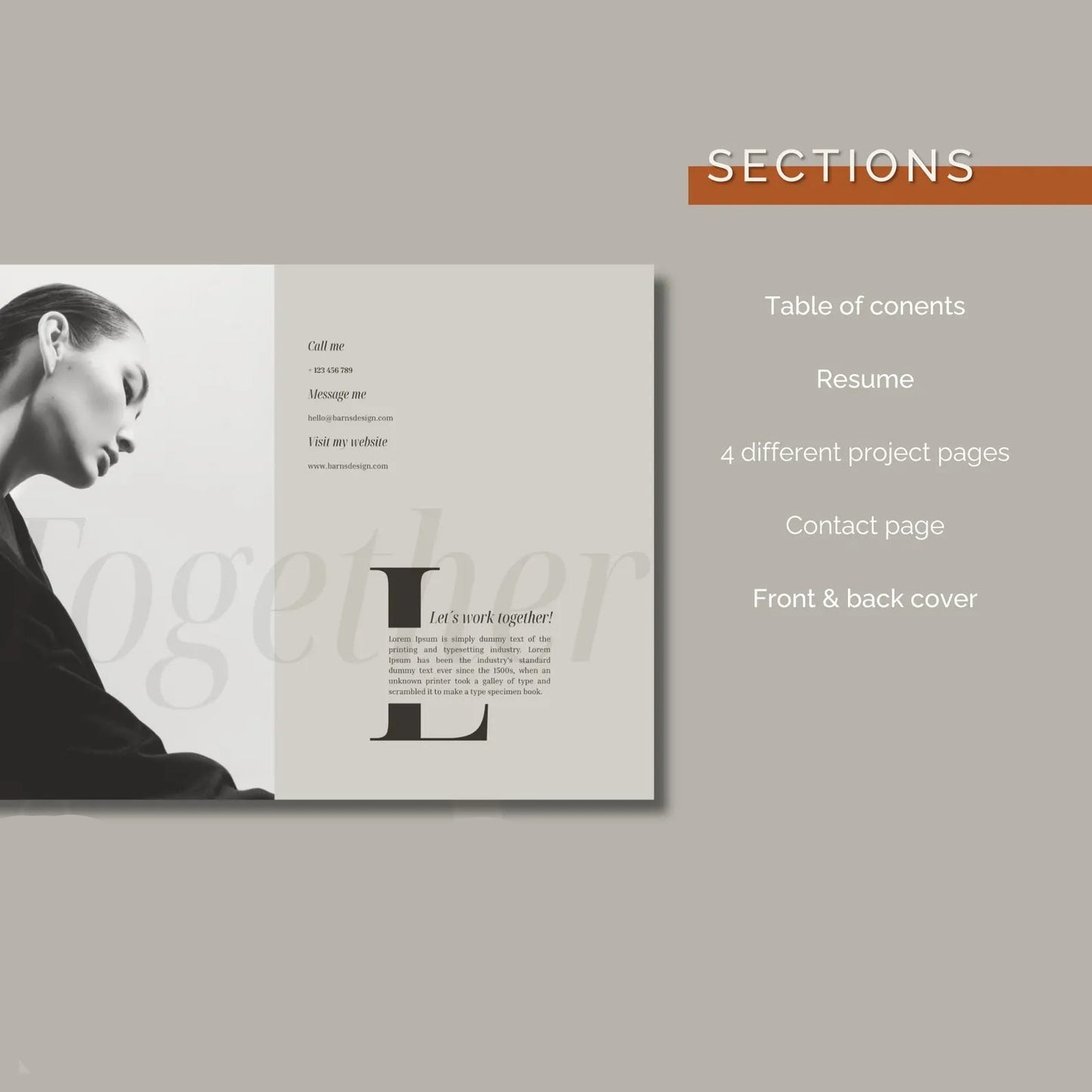 Design layout with a woman's face and text on a gray background, featuring sections like table of contents and resume.