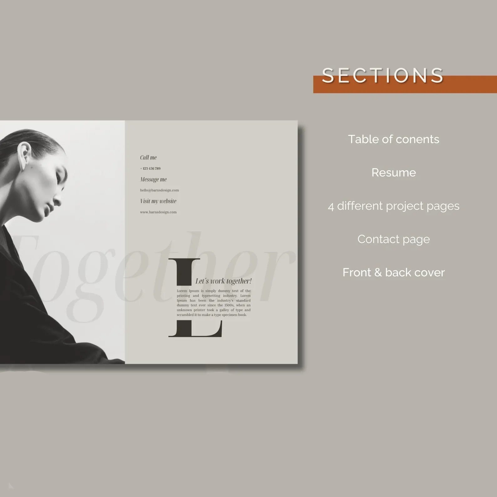 Design layout with a woman's face and text on a gray background, featuring sections like table of contents and resume.