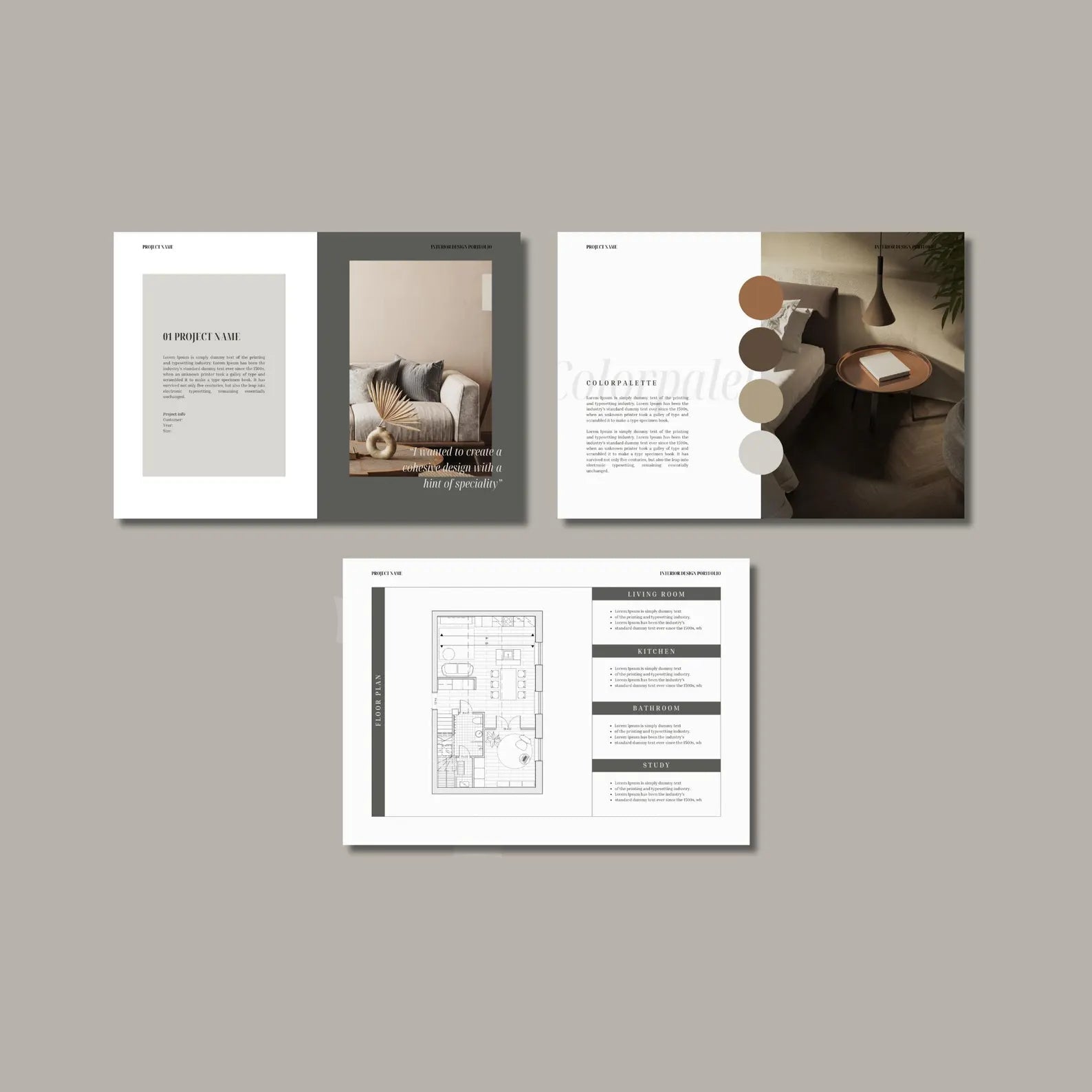 Interior design brochures with images and text on a gray background