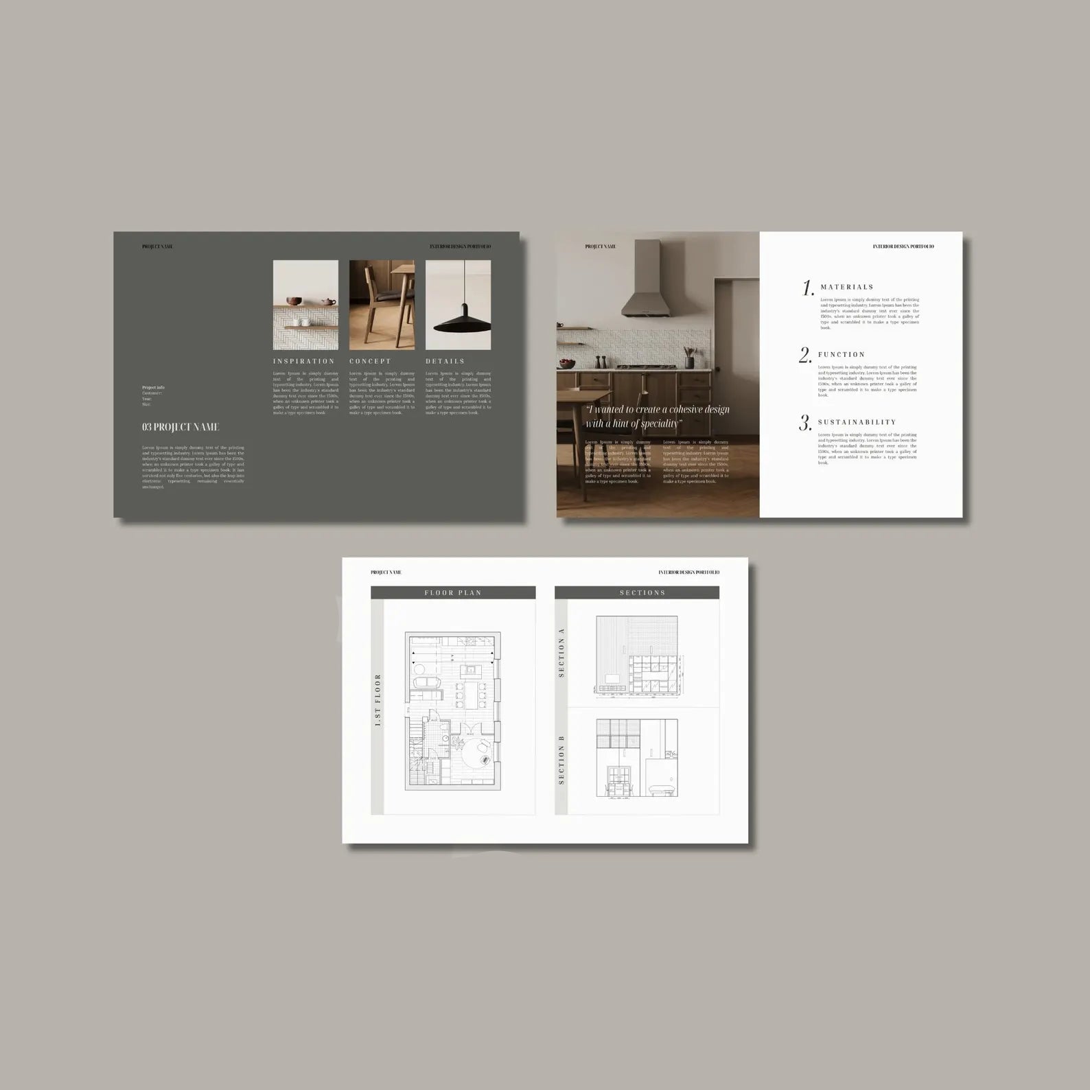 Three pages from a design or decor catalog on a gray background with 'DOCU DECOR' branding.