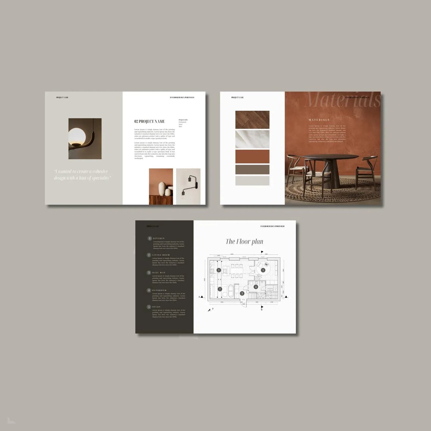 Brochure or design layout with various pages on a gray background