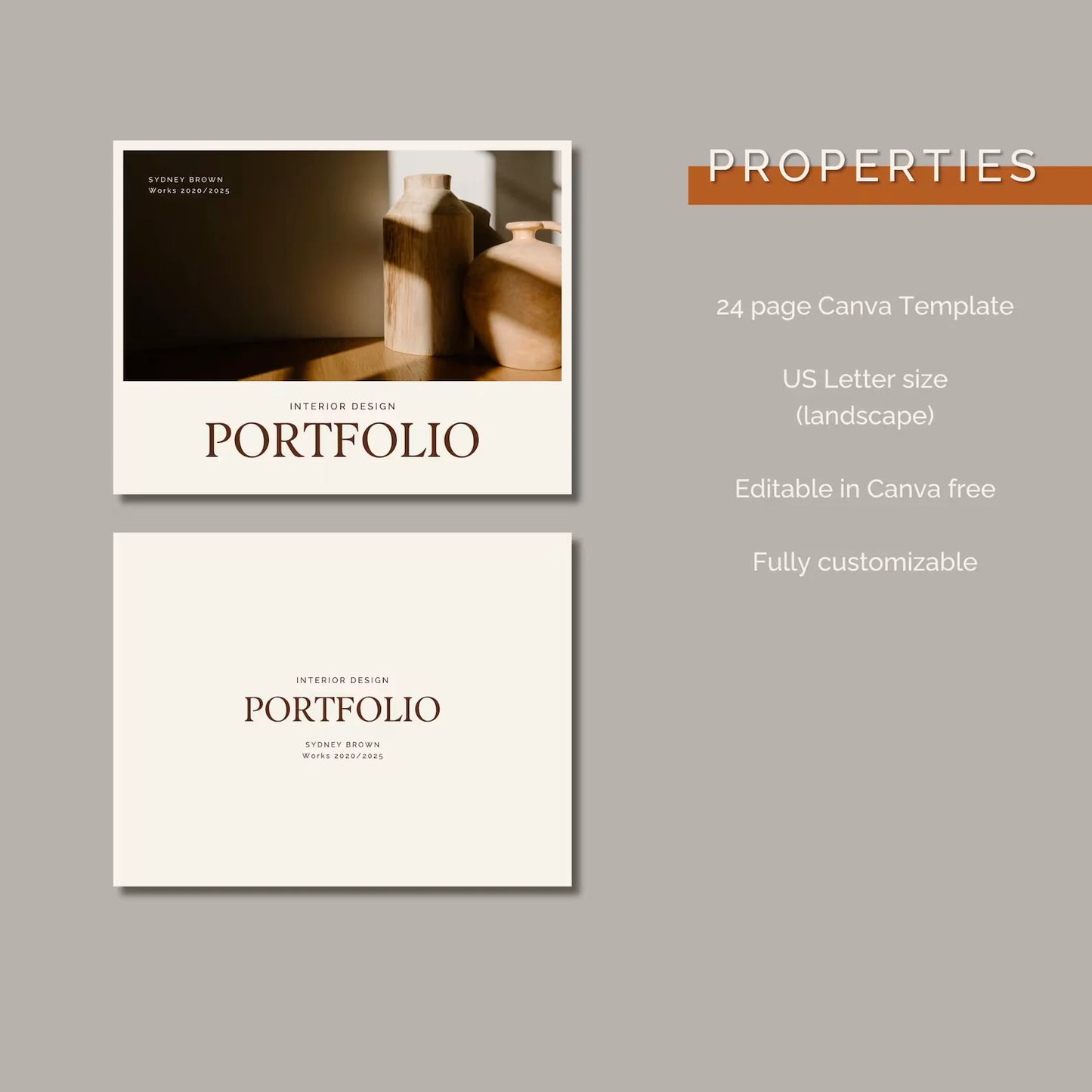 Two interior design portfolio templates on a gray background with text detailing features.