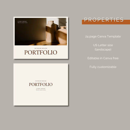 Two interior design portfolio templates on a gray background with text detailing features.