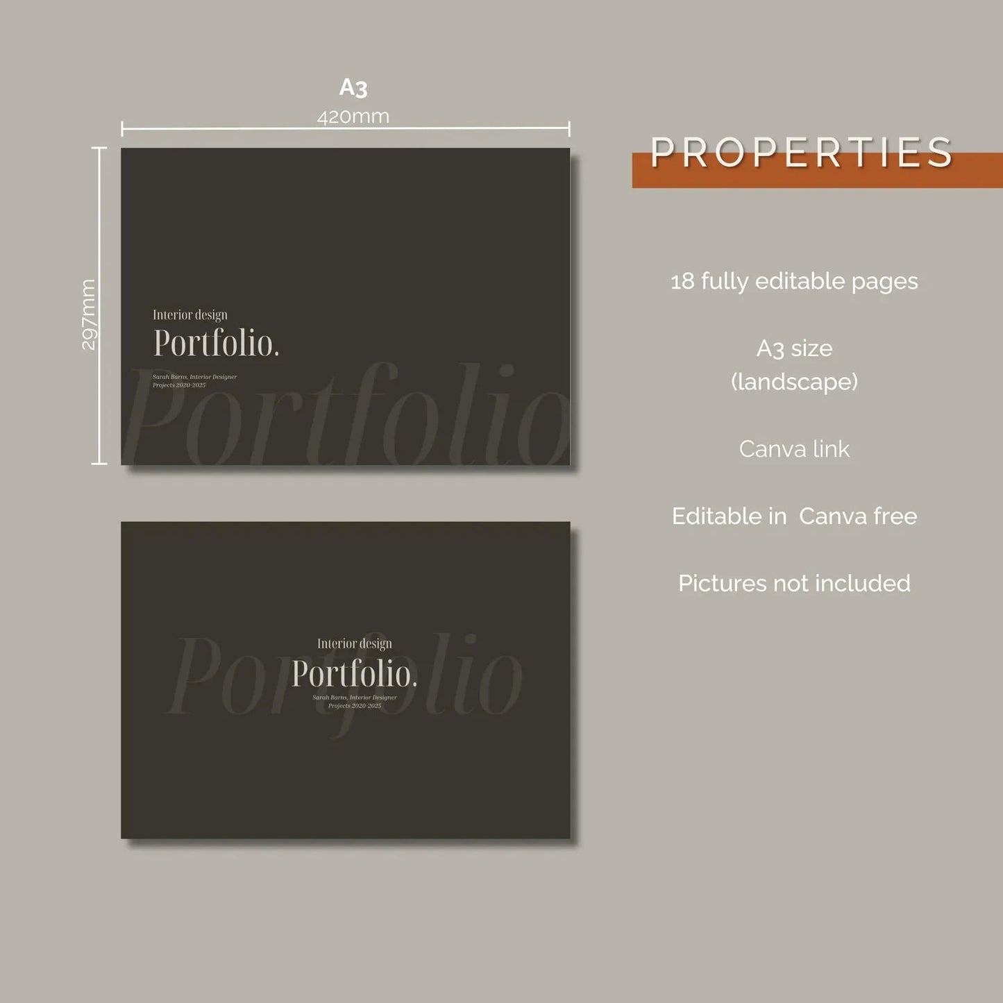 Two A3 size portfolio templates with dimensions and properties on a gray background