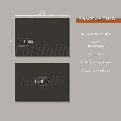 Two A3 size portfolio templates with dimensions and properties on a gray background