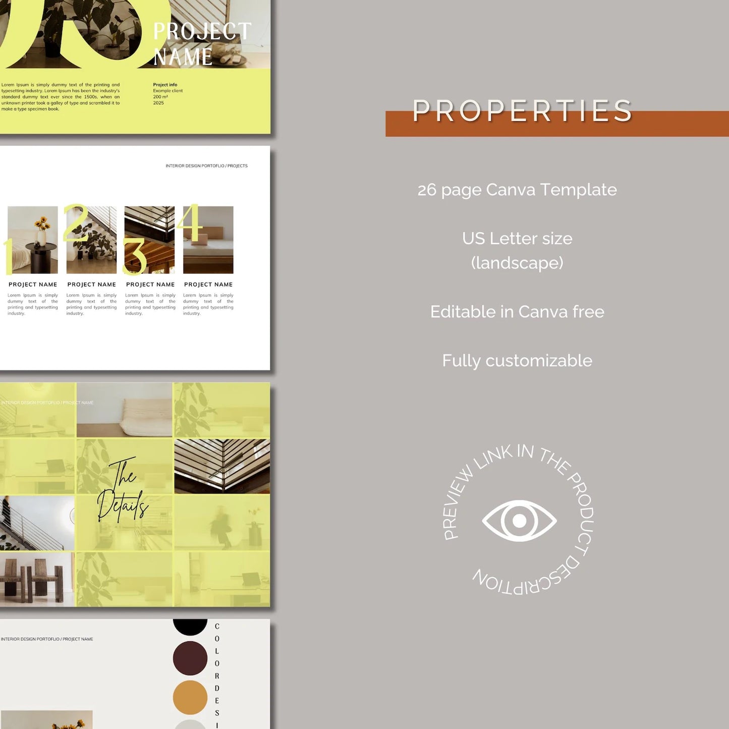 Properties Canva Template with sample pages on a gray background