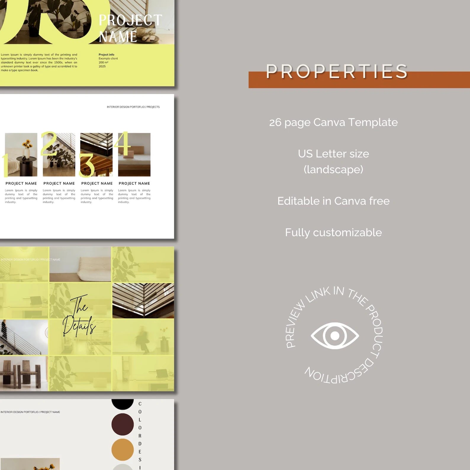 Properties Canva Template with sample pages on a gray background