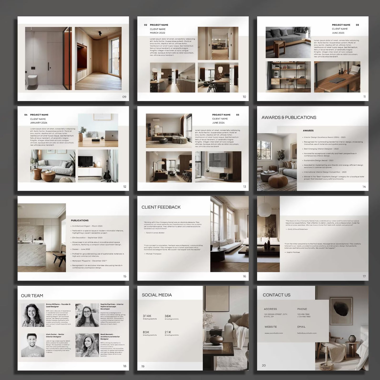 Collage of interior design portfolio pages with images and text.