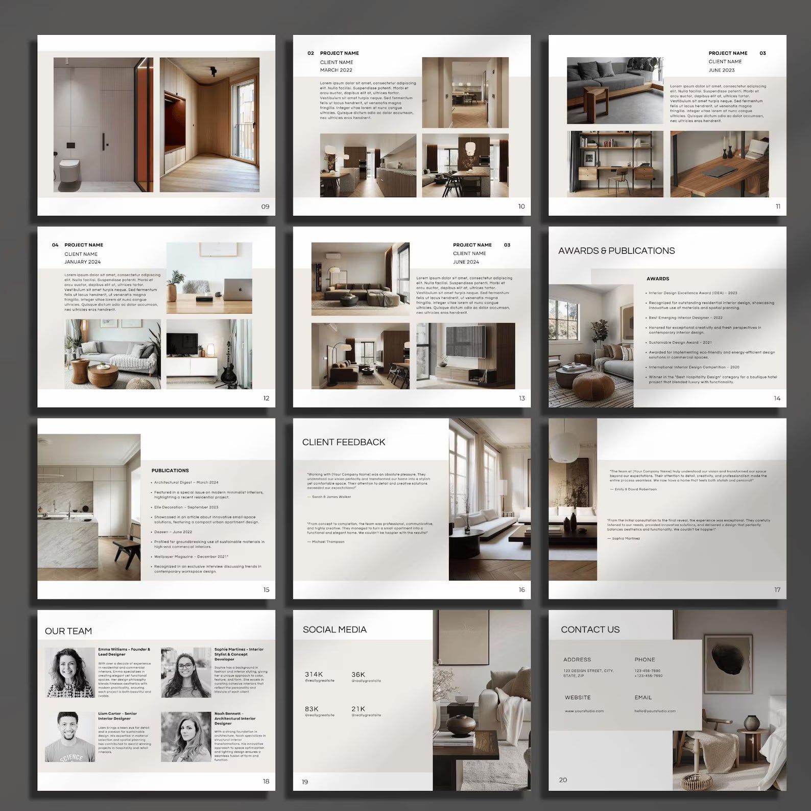 Collage of interior design portfolio pages with images and text.
