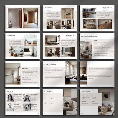 Collage of interior design portfolio pages with images and text.
