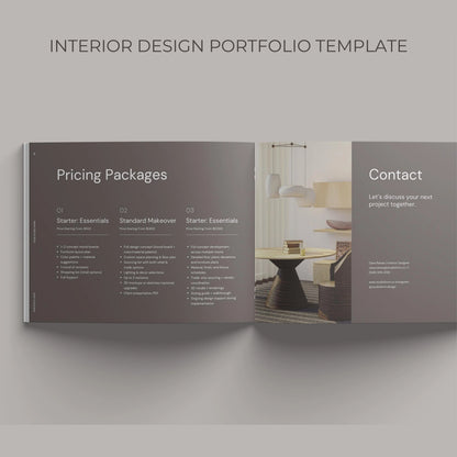 Open interior design portfolio template showing pricing packages and contact information on a gray background.