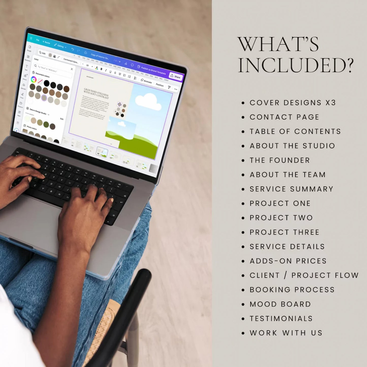 Person using a laptop with design software on a light background, accompanied by text about included services.