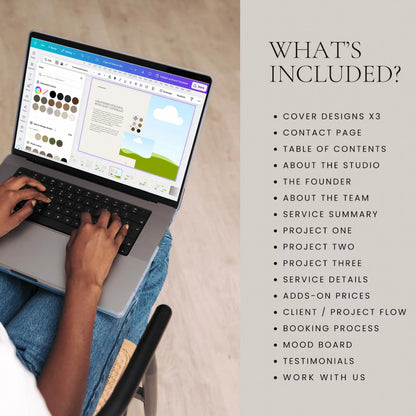Person using a laptop with design software on a light background, accompanied by text about included services.
