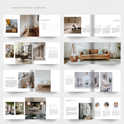 Sample pages of a interior design magazine with images of rooms and furniture.