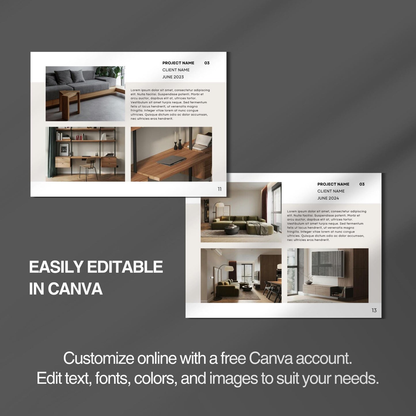 Two pages of a design layout with images of interior spaces and text, on a dark gray background.