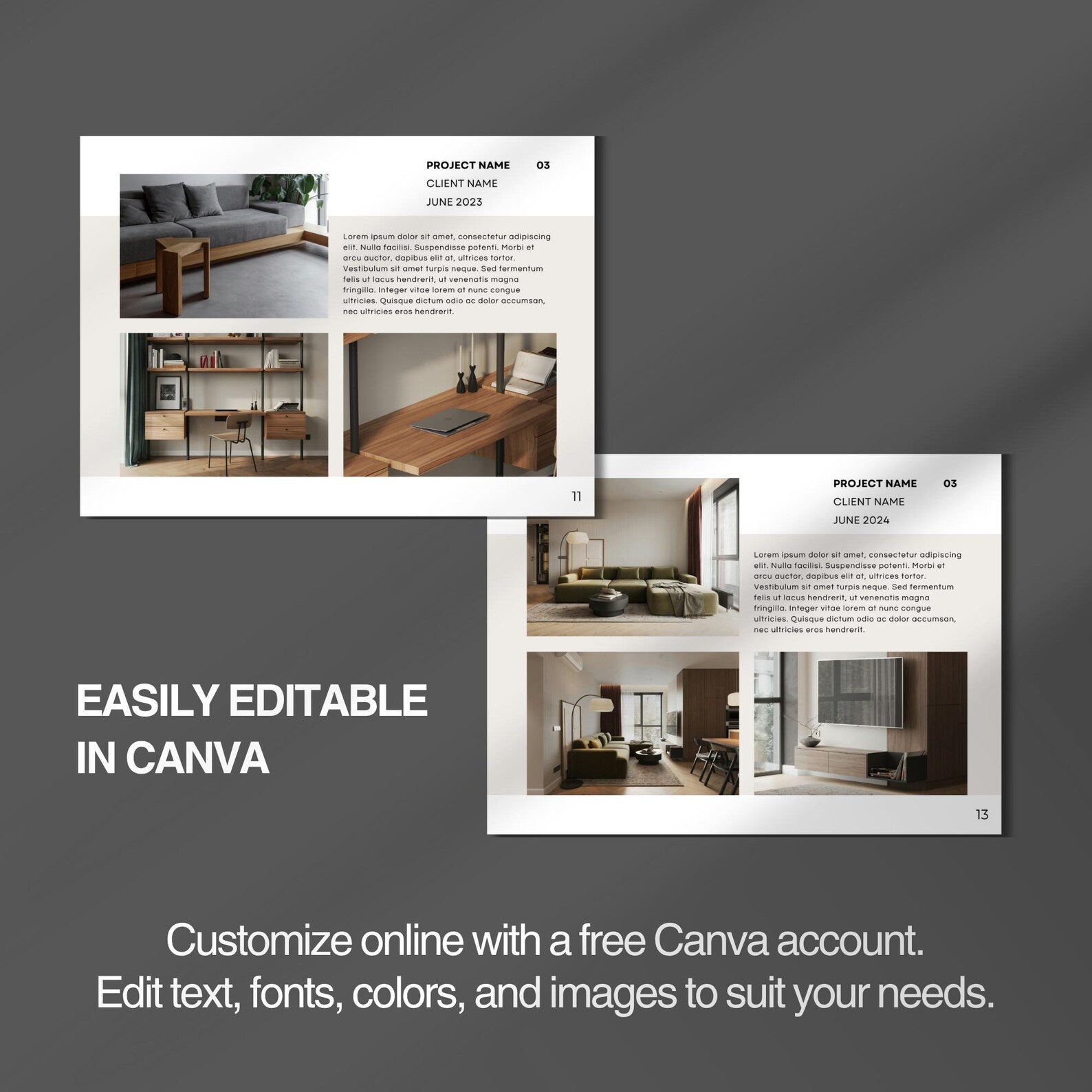 Two pages of a design layout with images of interior spaces and text, on a dark gray background.