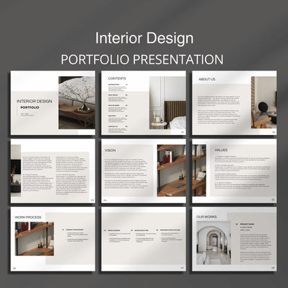 Interior design portfolio presentation with multiple pages displayed on a dark background