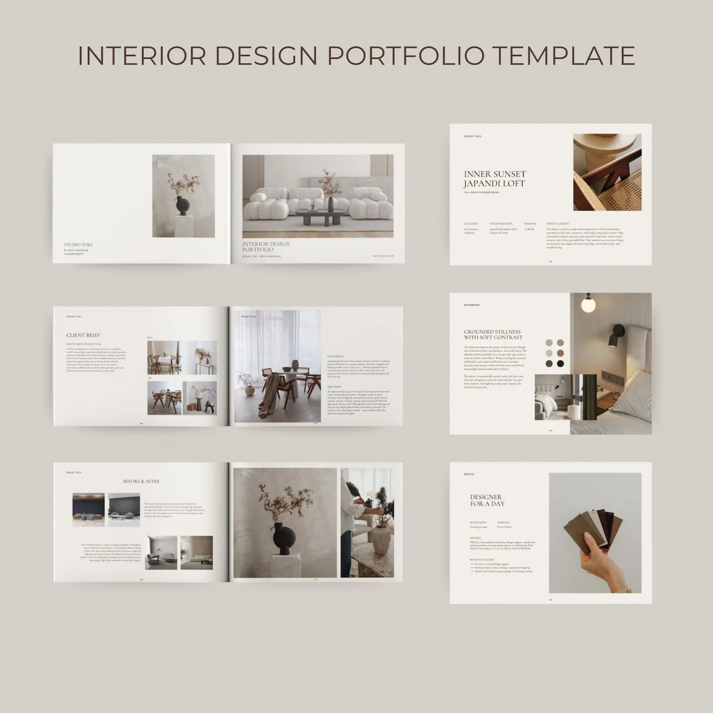 Interior design portfolio template with various layout examples on a light gray background
