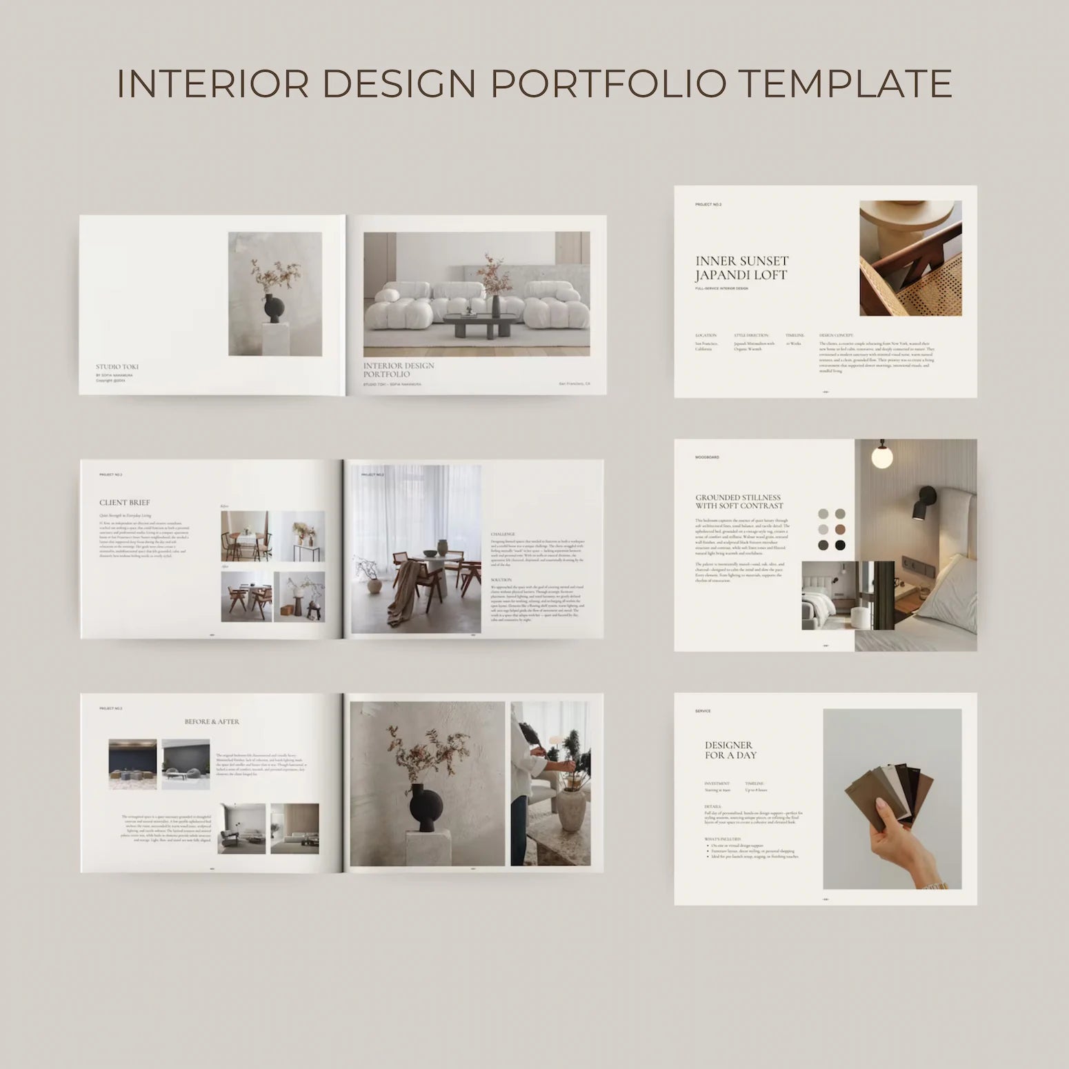 Interior design portfolio template with various layout examples on a light gray background