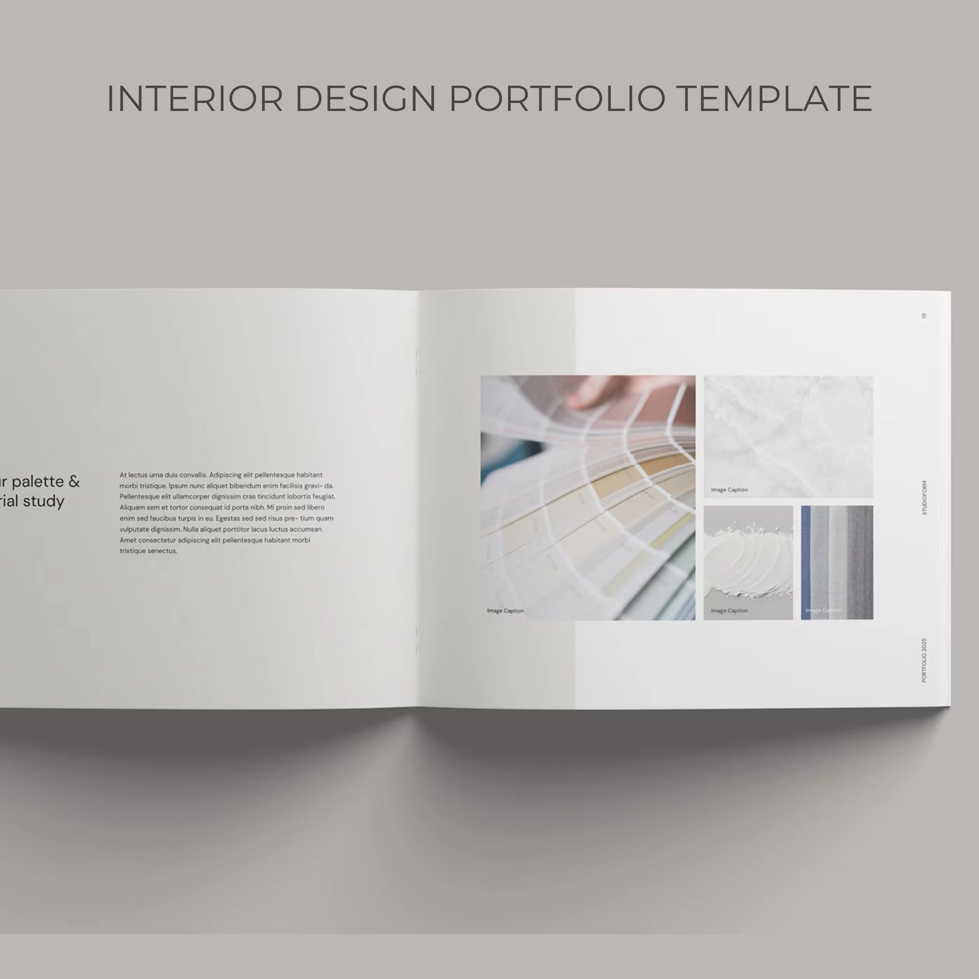 Open interior design portfolio template on a gray background