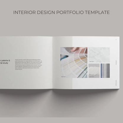 Open interior design portfolio template on a gray background