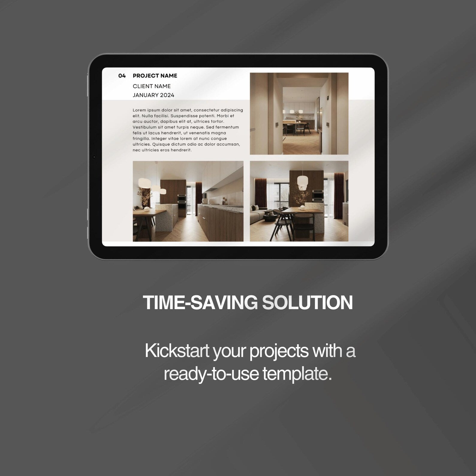 Tablet displaying a design template with interior project images on a dark gray background.