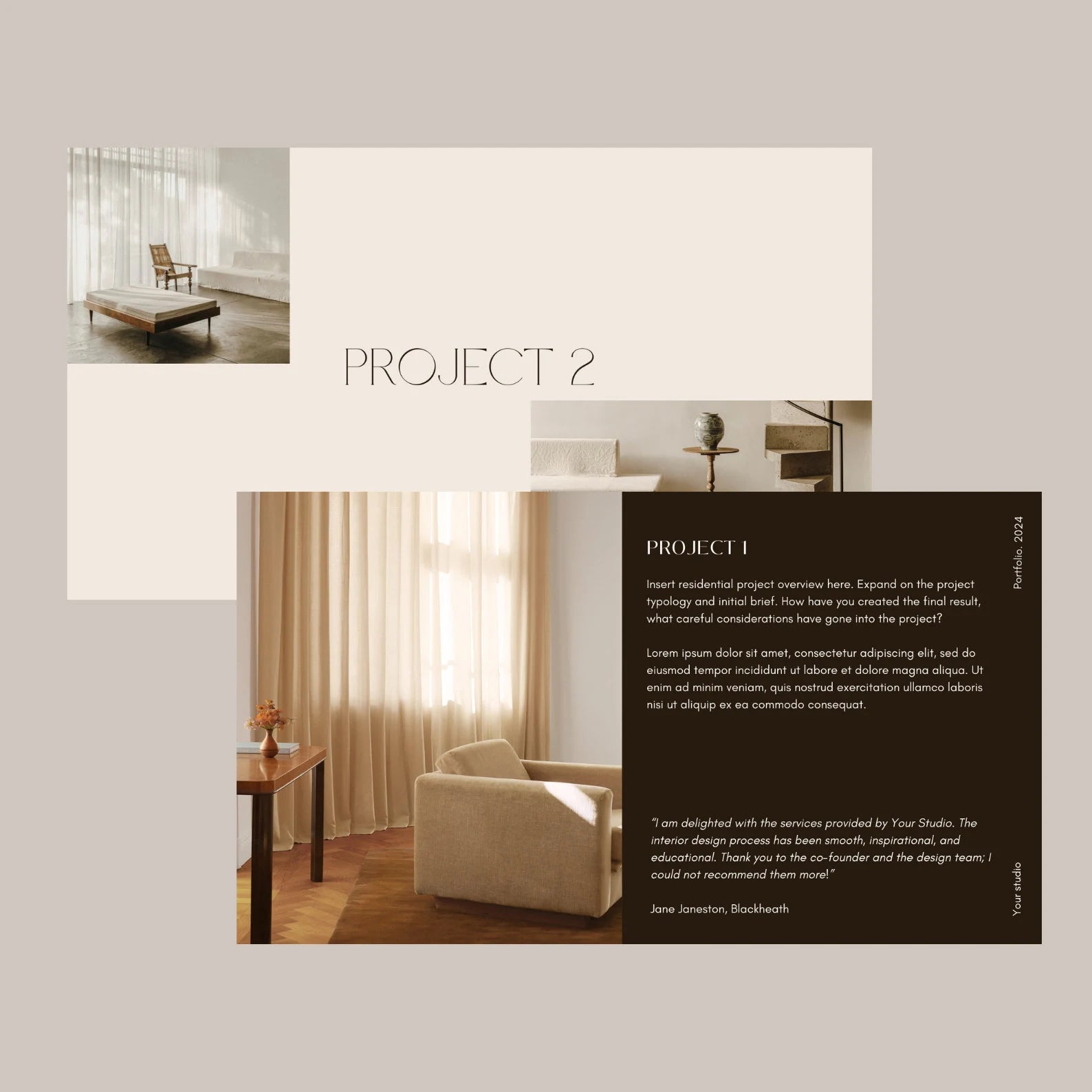 Design project presentation with images of interior spaces and text on a gray background