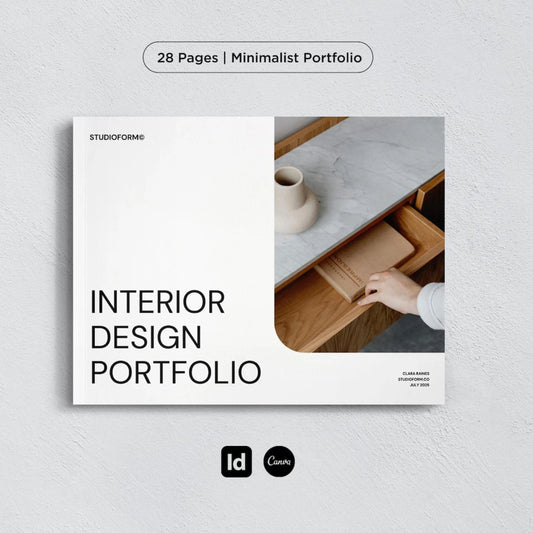 Interior design portfolio book with a photo of a hand reaching for a cup on a marble surface.