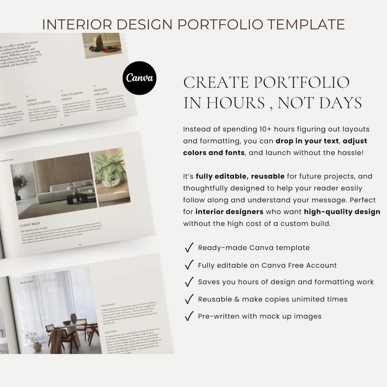 Interior design portfolio template with Canva branding and text on a white background