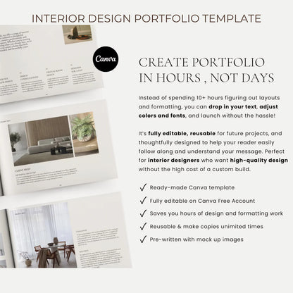 Interior design portfolio template with Canva branding and text on a white background