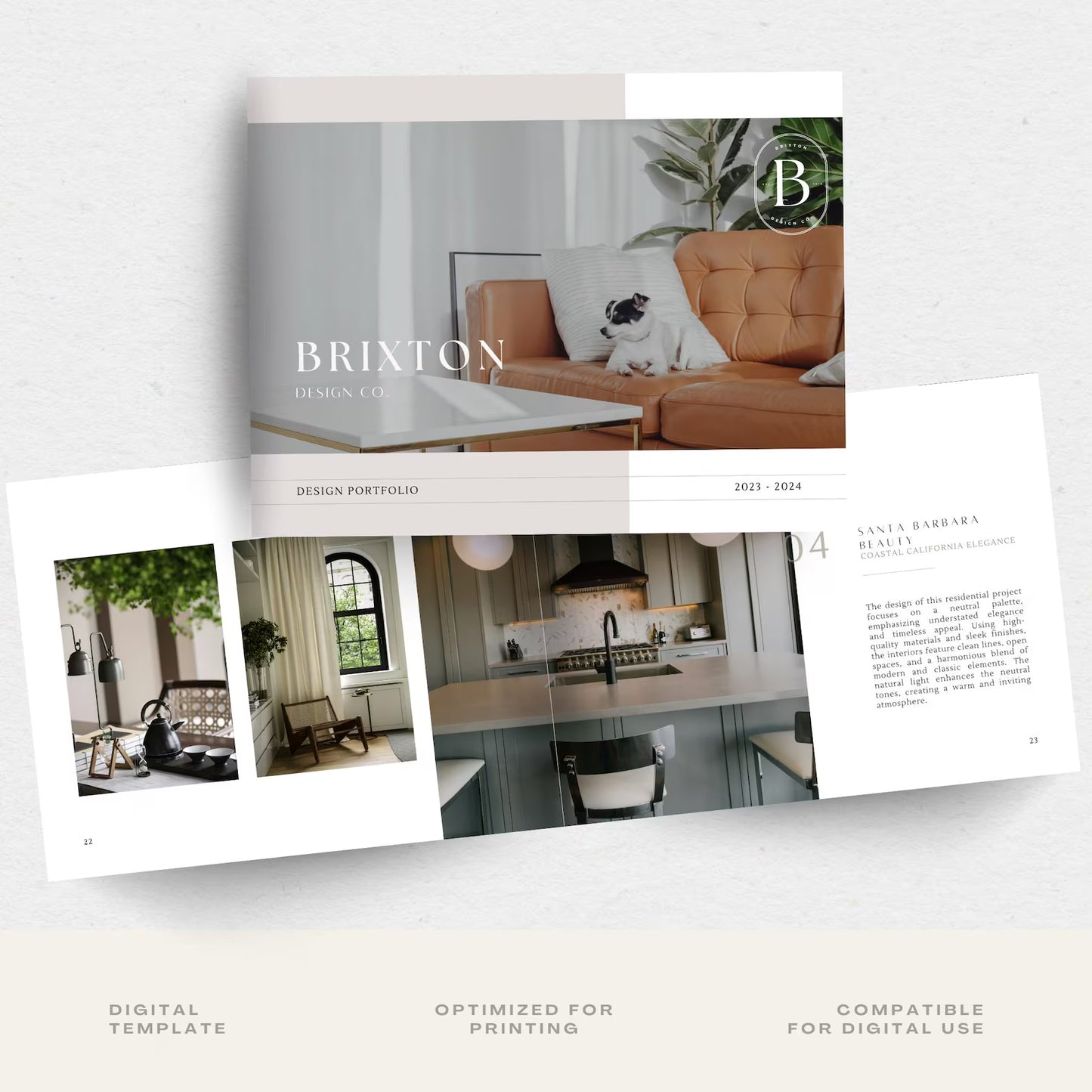 Design portfolio template with 'Brixton' branding on a white background