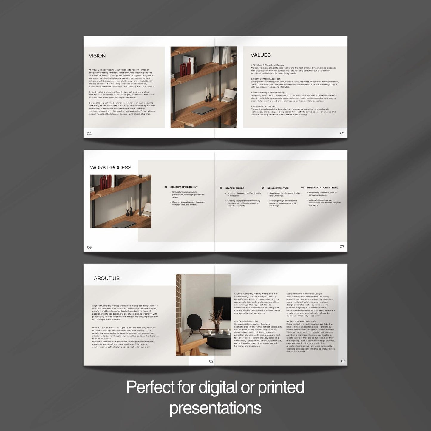Open brochure with interior design layout on a dark background