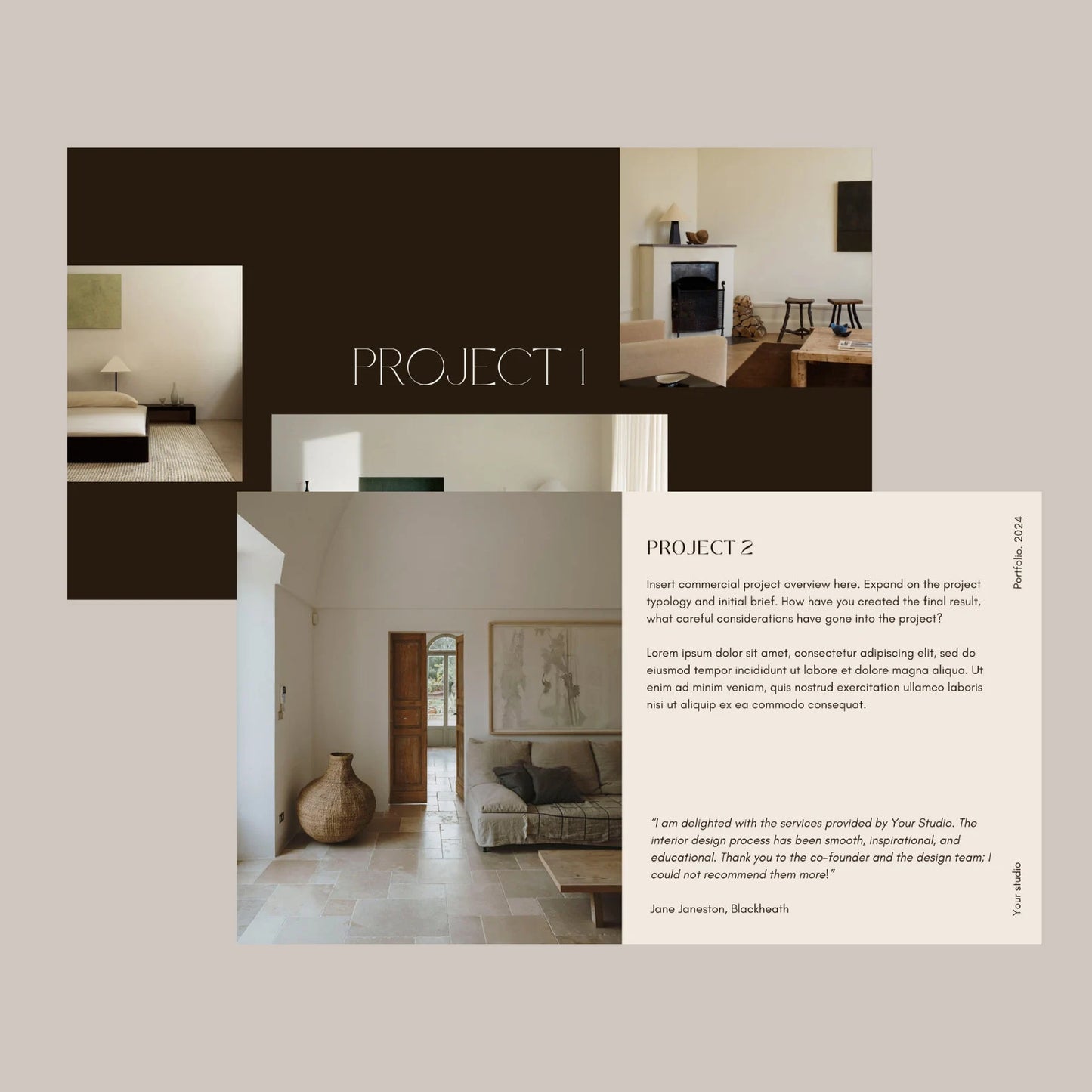Collage of interior design project images with text on a light gray background