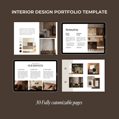 Interior design portfolio template with digital tablets displaying pages on a brown background.