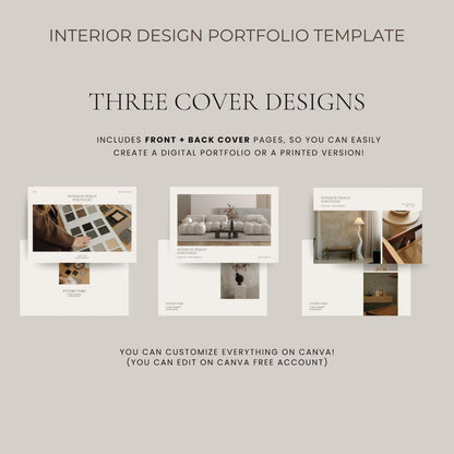 Interior design portfolio template with three cover designs on a gray background
