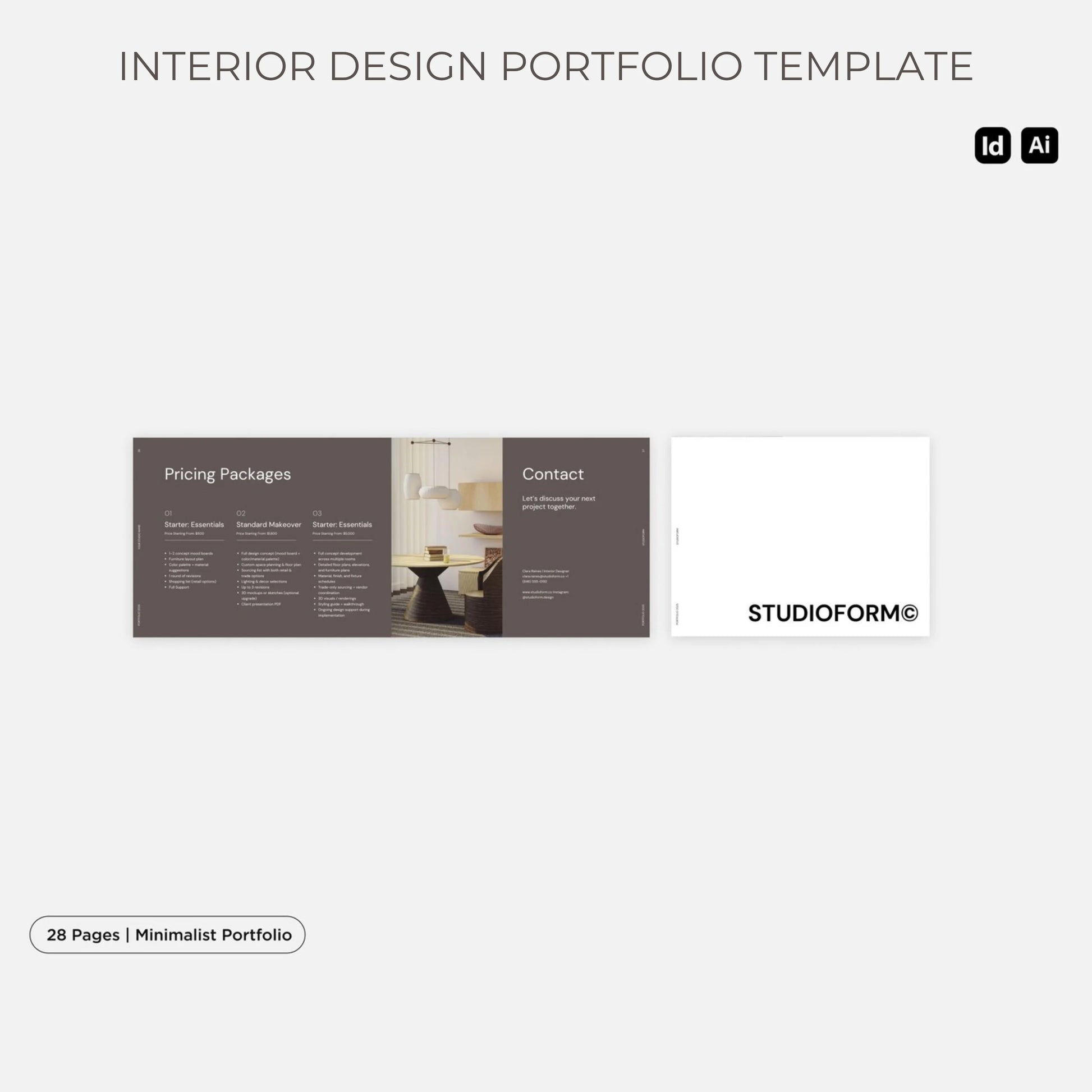 Interior design portfolio template with 'Studioform' branding on a light gray background