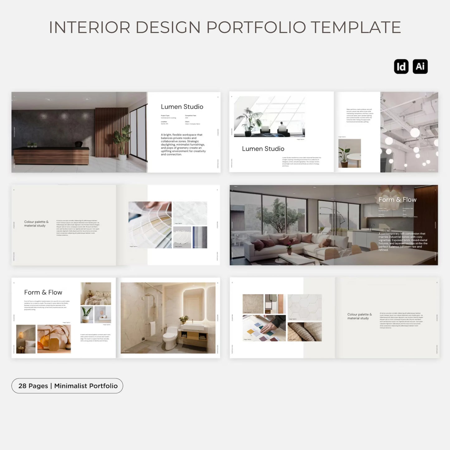 Interior design portfolio template with various layout options on a white background