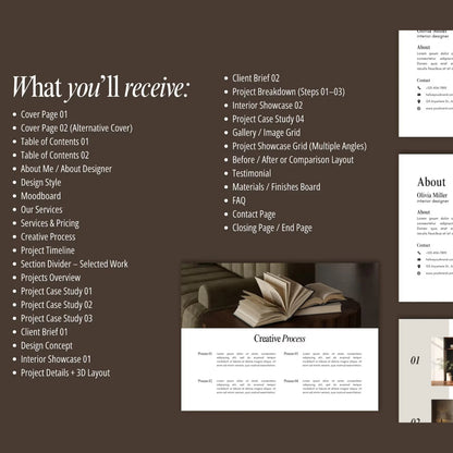 Brochure layout with text and images on a brown background