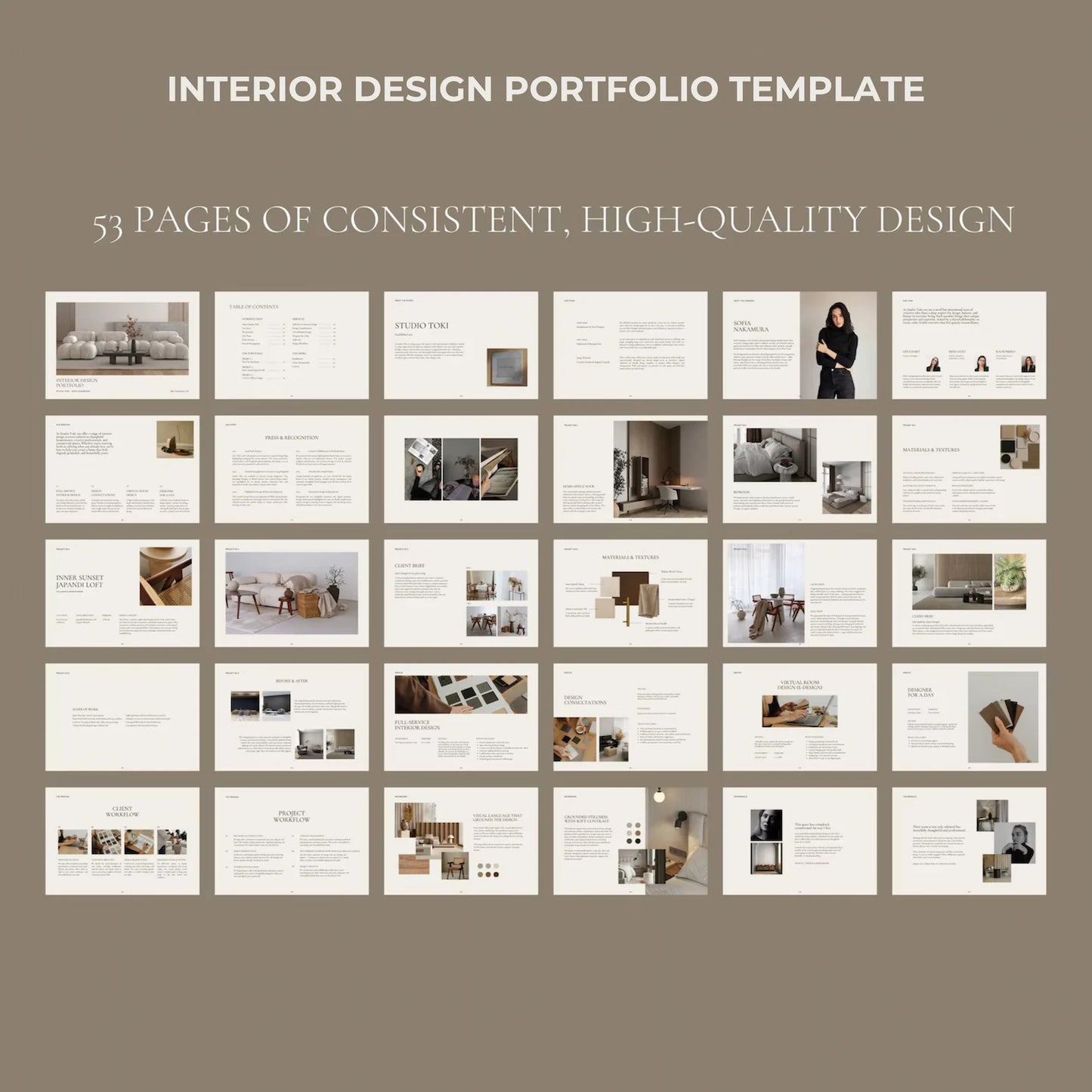 Interior design portfolio template with 53 pages on a brown background