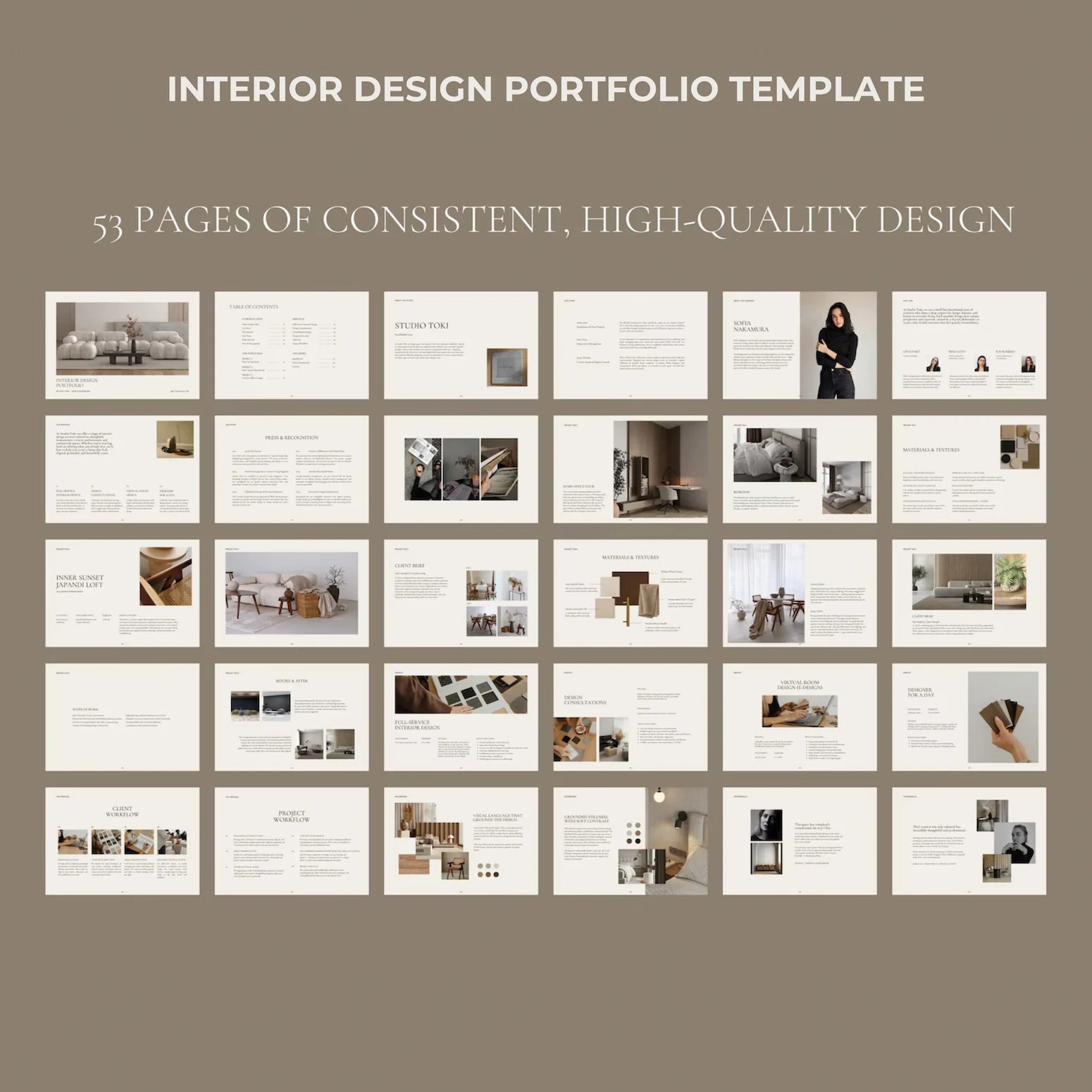 Interior design portfolio template with 53 pages on a brown background
