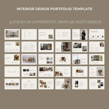 Interior design portfolio template with 53 pages on a brown background