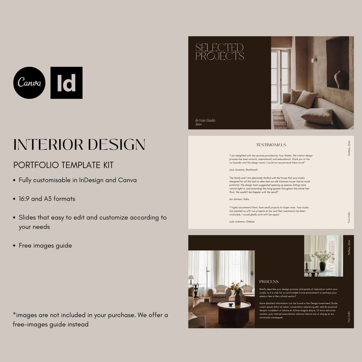 Interior design portfolio template kit with InDesign and Canva branding on a light gray background.