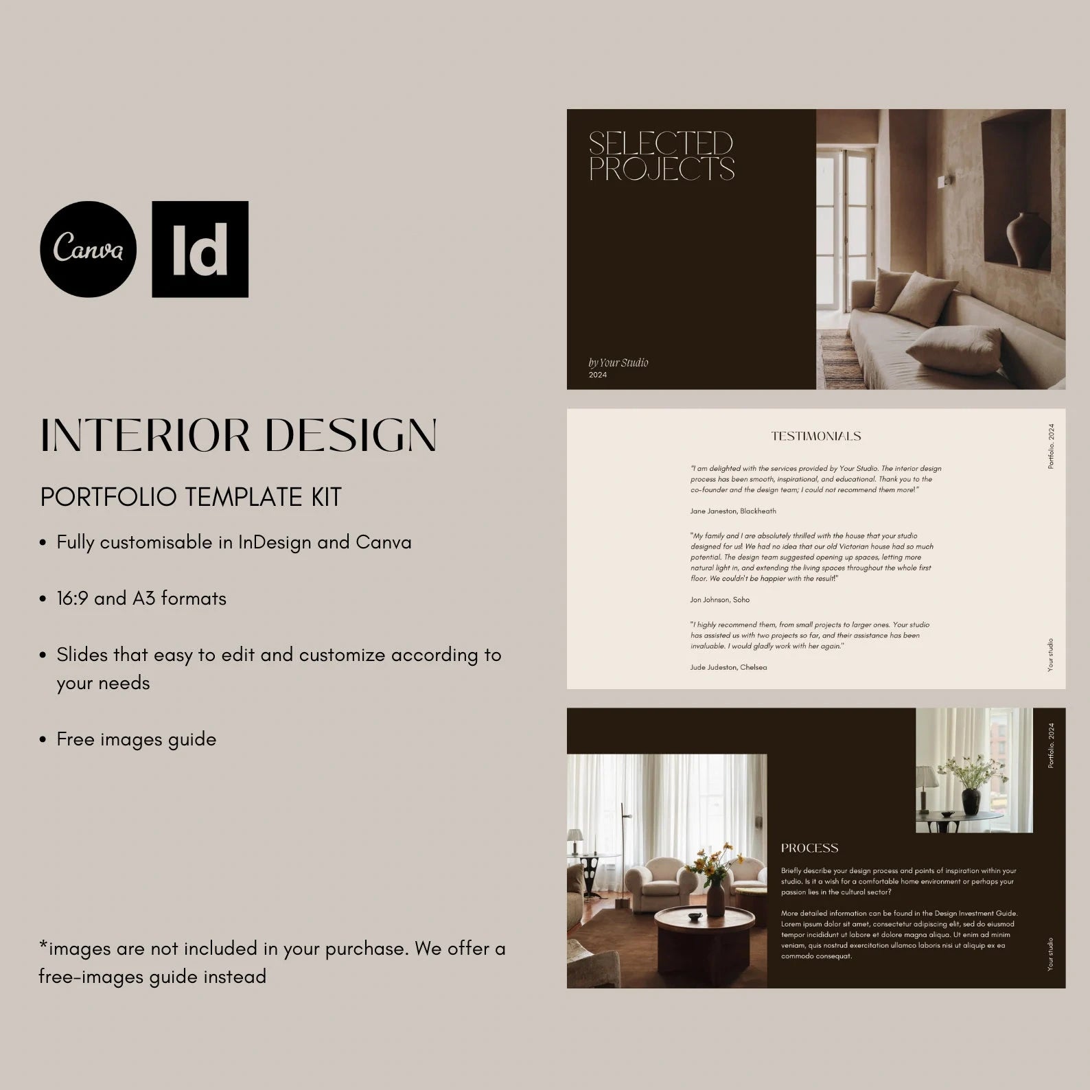 Interior design portfolio template kit with InDesign and Canva branding on a light gray background.