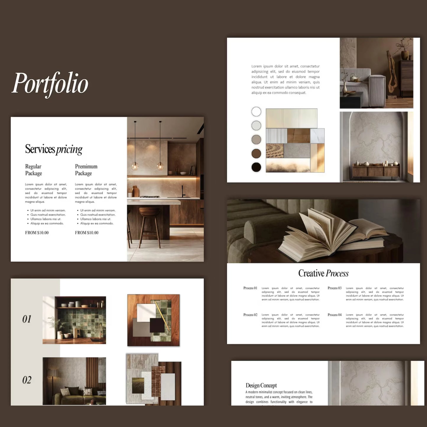Collage of interior design portfolio pages with images and text on a brown background.