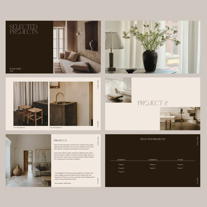 Collage of interior design project images with text and branding elements.